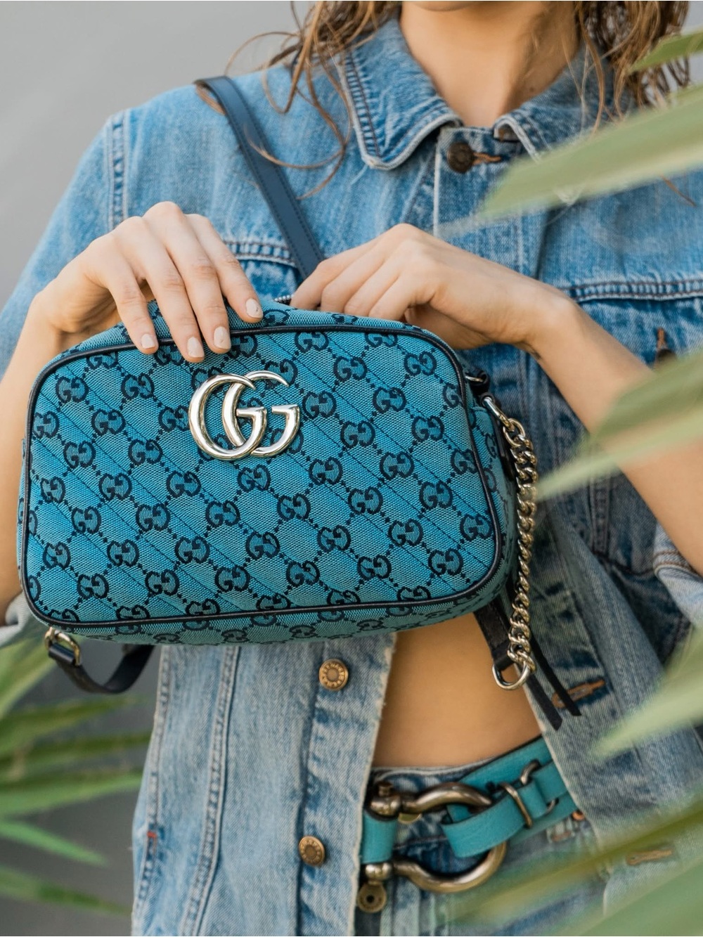 Gucci Turquoise GG Canvas Crossbody Bag with Black Trim - Picture 9 of 9